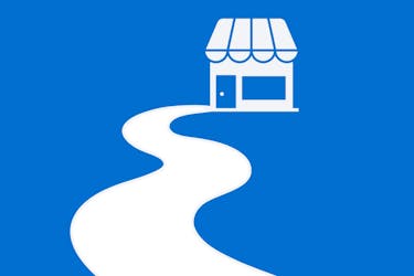 Drawing of a white store front with a path extending from the doorway on a blue background.